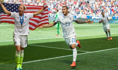 United States defender Fabian Johnson wheels away in celebration after scoring the team's opener in their World Cup send-off series game vs Turkey at Red Bull Arena in Harrison, New Jersey on June 1, 2014.